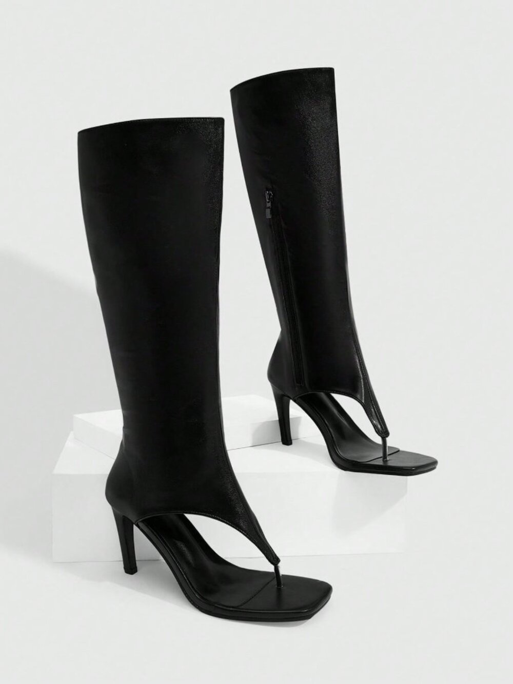 Black Sexy Women's Thong Knee-High Square Toe High Heel Boots